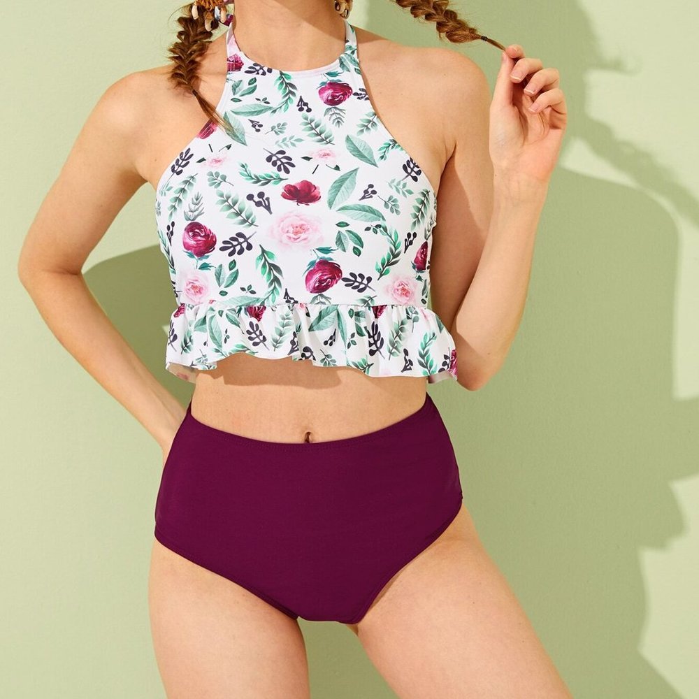 Floral Peplum High Waisted Bikini